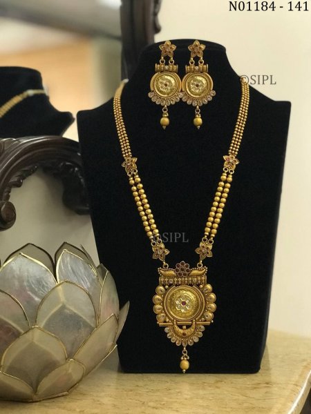 Ethnic  Gold Designer Long Haram Antique Golden Traditional Jewellery Necklace Set