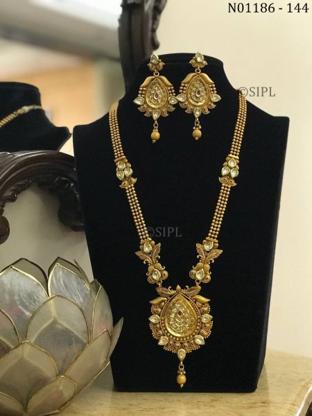 Ethnic Gold Designer Long Haram Antique Golden Traditional Jewellery Necklace Set