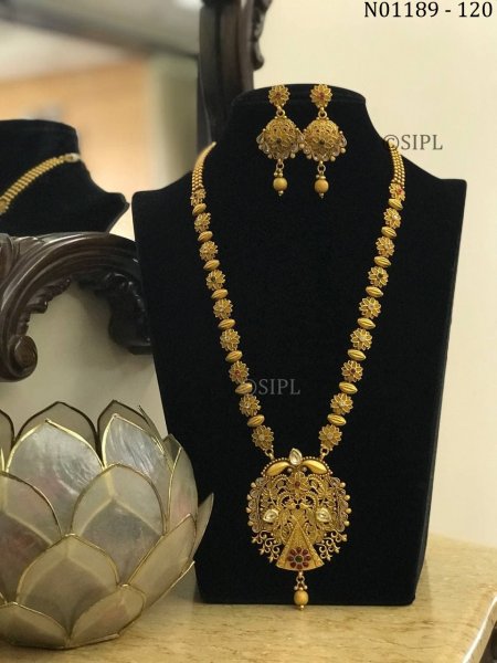 Ethnic Gold Designer Long Haram Antique Golden Traditional Jewellery Necklace Set